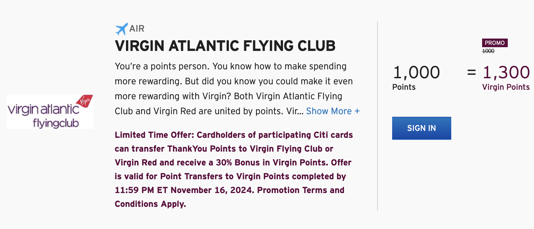 citi to virgin transfer bonus